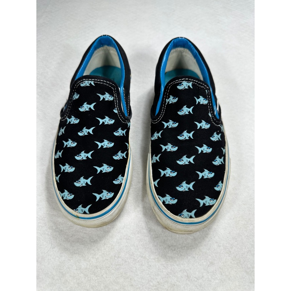 Vans Classic Slip On Shark Print Black Blue Canvas Skate Shoes Mens 5 Womens 6.5